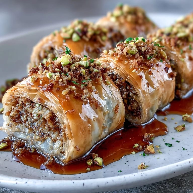 Golden baklava rolls with buttery layers and a nutty pistachio filling, drizzled with citrus-scented syrup.