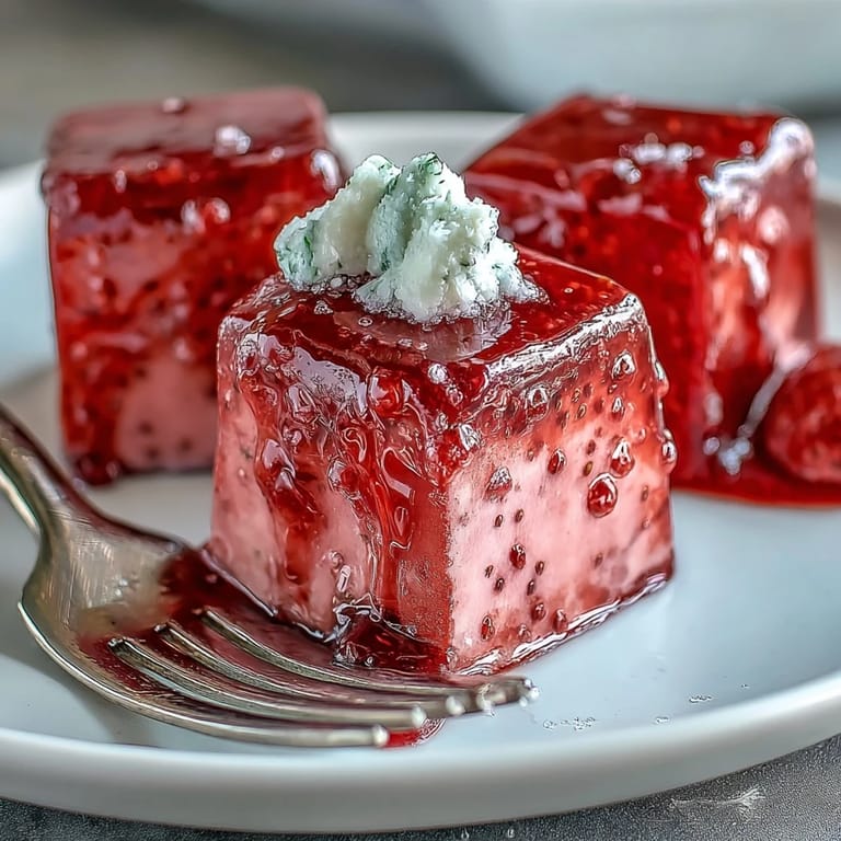 Beautifully set Strawberry Rose Gelatin Mosaic Cake showcasing delightful ruby cubes suspended.