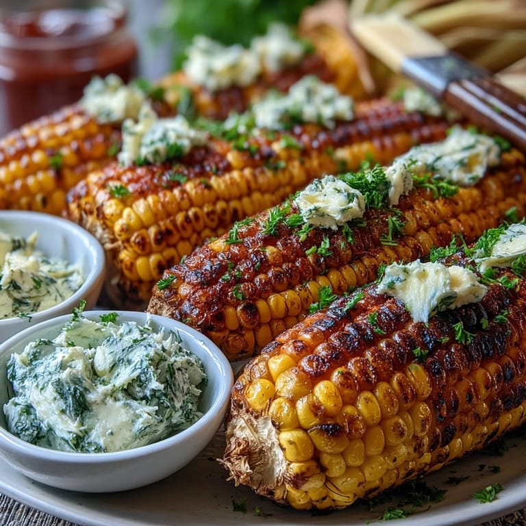 Festive corn on the cob, showcasing a rainbow of fresh herb butter toppings.
