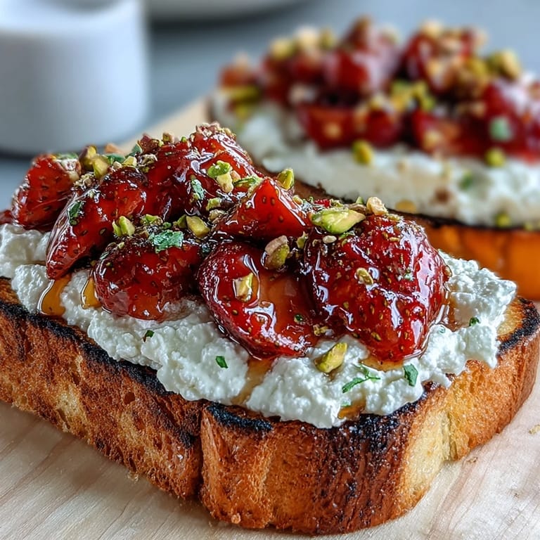 Vibrant Strawberry Honey Ricotta Toast topped with crunchy pistachios, a perfect bite.