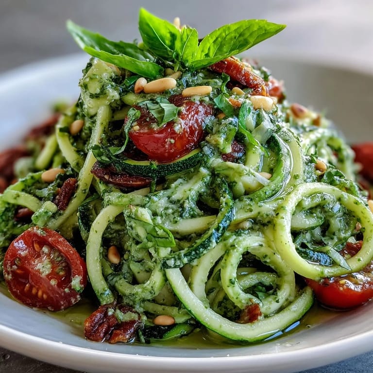 Taste the freshness: Zucchini noodles bathed in rich, silky avocado pesto, a perfect vegan dish.