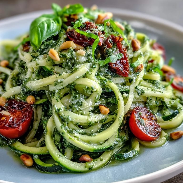 Vibrant zucchini noodles tossed with herbaceous avocado pesto, a delicious low-carb meal.