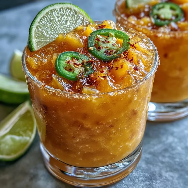 Refreshing Fricy Spicy Mango Margarita Slushie, perfectly blended with sweet mango and jalapeño.