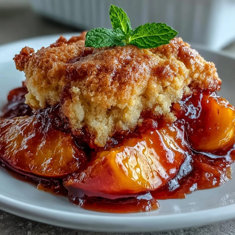 Close-up of fluffy biscuits crowning sweet, juicy peaches in this classic cobbler.