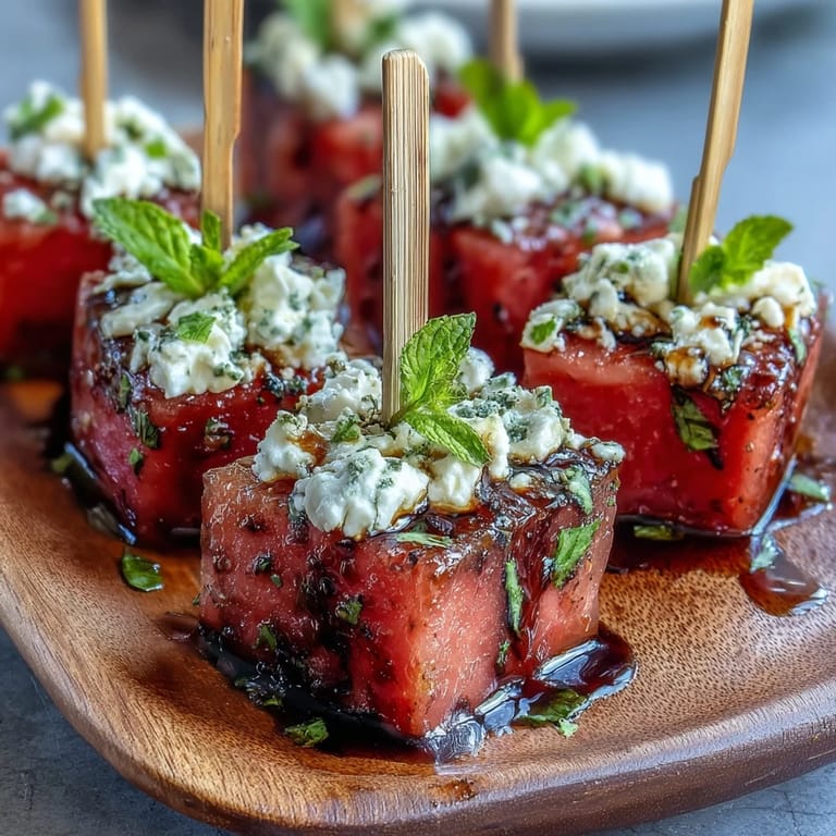 Colorful watermelon feta bites, simple and elegant for any gathering.