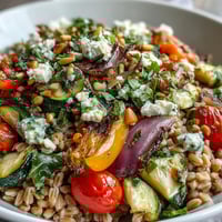 A close-up of Farro Pasta Bowl with sautéed zucchini, red peppers, and crumbled feta cheese.