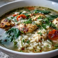 Ladle of One-Pot Lemon Chicken Rice Soup with Veggies, spinach wilting in a rustic bowl with lemon slices.