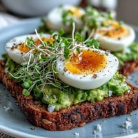 Golden runny yolk from a soft-boiled egg oozes over creamy avocado mash on crisp whole grain toast, topped with fresh microgreens on a rustic wooden board.