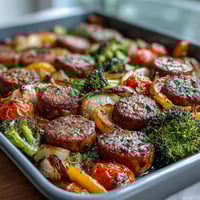 Colorful sheet pan rainbow veggie and sausage bake with roasted peppers, zucchini, and caramelized onions in one easy dish.