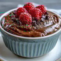 A creamy, high-protein chocolate mousse made with cottage cheese and topped with fresh raspberries.
