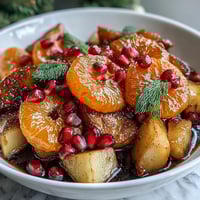 A colorful winter fruit salad with mandarin oranges, apples, and pomegranate arils tossed in warm cinnamon vanilla dressing.  