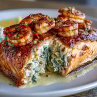 1. Juicy salmon fillets stuffed with creamy crab, shrimp, and spinach filling, topped with Cajun-spiced shrimp and baked to golden perfection.  