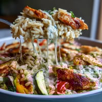 Mouthwatering Boursin Orzo Bake with chicken, vegetables, and creamy cheese, baked until golden and bubbling for a comforting dinner.