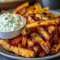 Crispy air fryer sweet potato fries served with creamy homemade onion dip, perfect for snacking or as a side dish.  