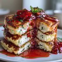 Fluffy cottage cheese pancakes topped with vibrant fresh strawberry syrup, a protein-packed breakfast delight.  