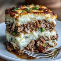 Comforting shepherd's pie with cauliflower mash topping, showcasing golden crust and savory meat filling beneath creamy vegetable layer.