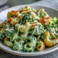 Creamy green mac and cheese with spinach and broccoli, topped with melted cheddar and Parmesan in a skillet.  