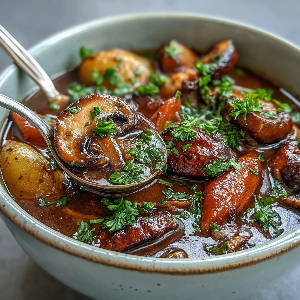 Hearty vegan Irish stew with mushroom meat and root vegetables in a rich broth, perfect for St. Patrick's Day.