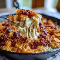 Funeral potatoes and ham breakfast skillet with crispy hash browns, creamy cheese sauce, and crunchy cornflake topping.  