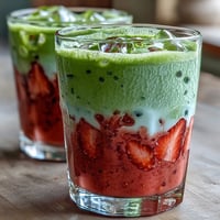 Vibrant strawberry matcha iced latte with creamy coconut milk, layered in tall glasses for a refreshing dairy-free treat.