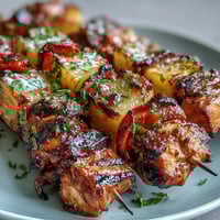 Juicy grilled chicken skewers with sweet pineapple chunks and colorful bell peppers, marinated for a smoky summer flavor.