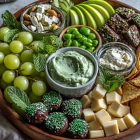 Festive St. Patrick's Day snack board with vibrant green fruits, vegetables, and sweet treats arranged for sharing.  
