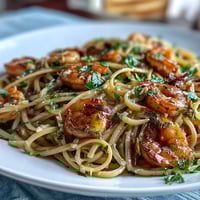 A bowl of spring dinner party lemon garlic shrimp pasta with fresh parsley and grated Parmesan.  