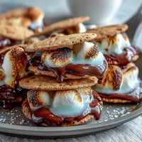 Gooey smores dip with melted chocolate and toasted marshmallows, served in a cast iron skillet with graham crackers for dipping.