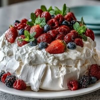 Pavlova with Fresh Berries and Cream: crisp meringue shell crowned with whipped cream and vibrant berries.  