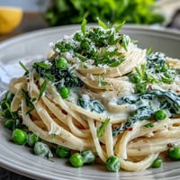 Creamy spring pasta with lemon cream sauce and peas served with Parmesan and fresh chives.