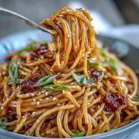 Creamy gochujang butter pasta with glossy red sauce, garlic aroma, and sesame seed garnish on a white plate.