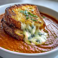 Creamy Tomato Basil Soup with Grilled Cheese Croutons in a white bowl, topped with golden grilled cheese cubes and fresh basil leaves.
