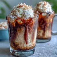 Creamy coconut cold brew float with vanilla bean ice cream melting.