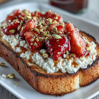 Delectable Strawberry Honey Ricotta Toast with Pistachios, golden and creamy.