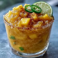 Frosty and spicy, a Fricy Spicy Mango Margarita Slushie with a vibrant lime kick.