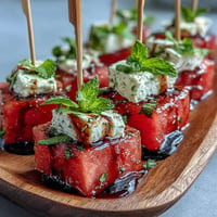 Refreshing watermelon feta bites on toothpicks, a perfect vibrant appetizer.